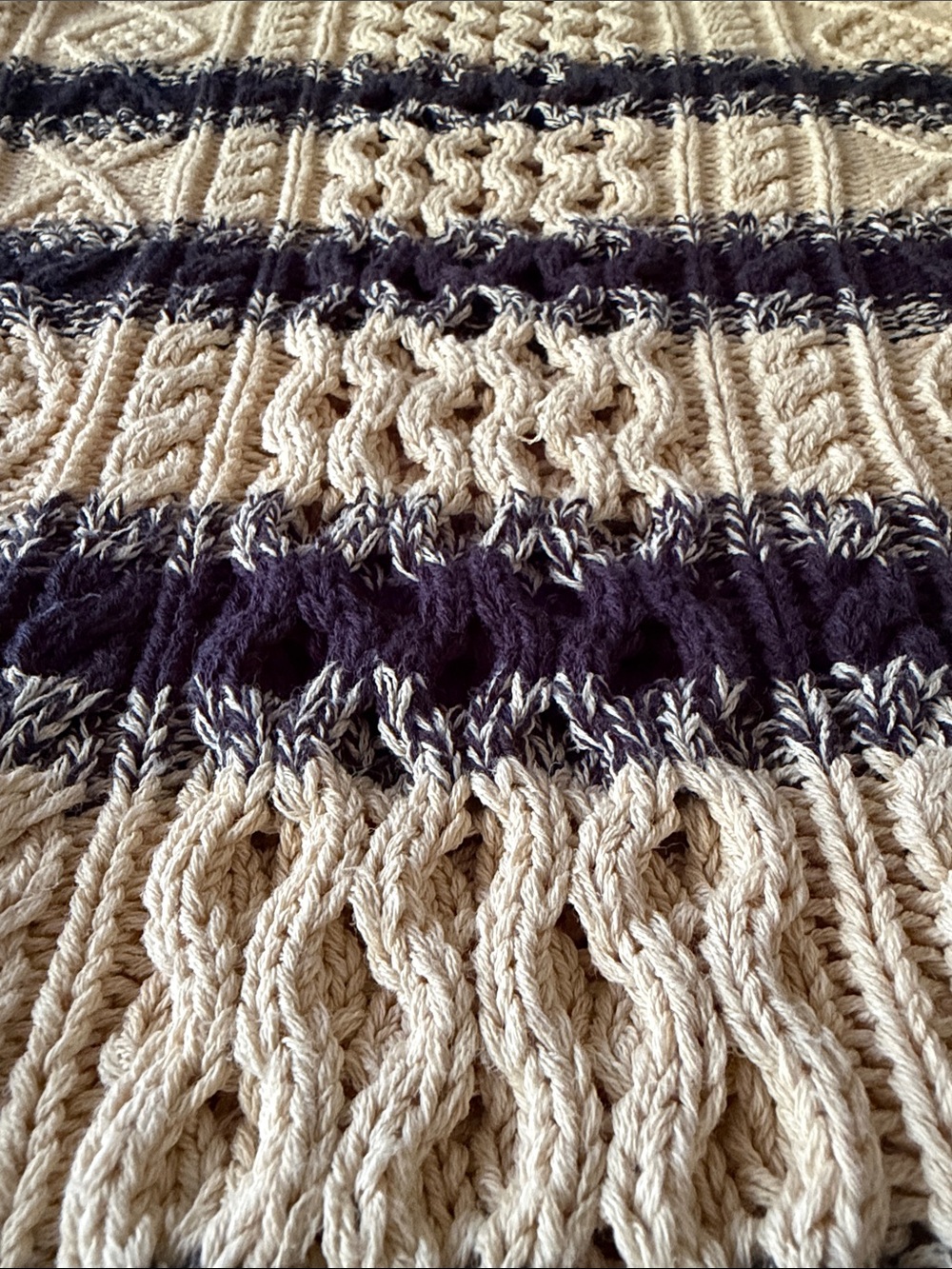 L.L. Bean Signature Cotton Fisherman Cable Knit Sweater Cream Navy Stripe Large - Picture 10 of 12